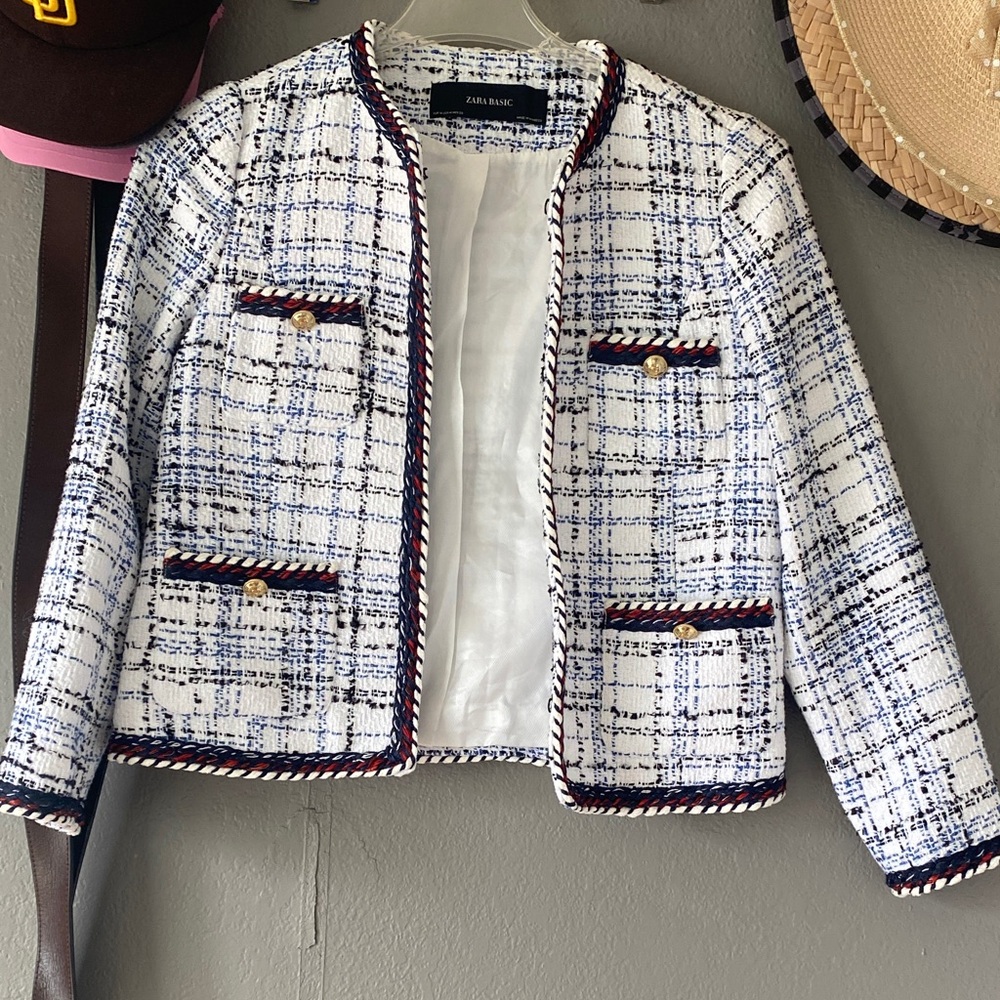 Zara Women's Navy and White Checkered Blazer